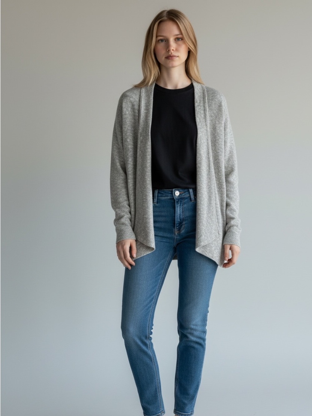 Eileen Fisher Heathered Light Gray/Tan/Taupe Open Front Cardigan Large